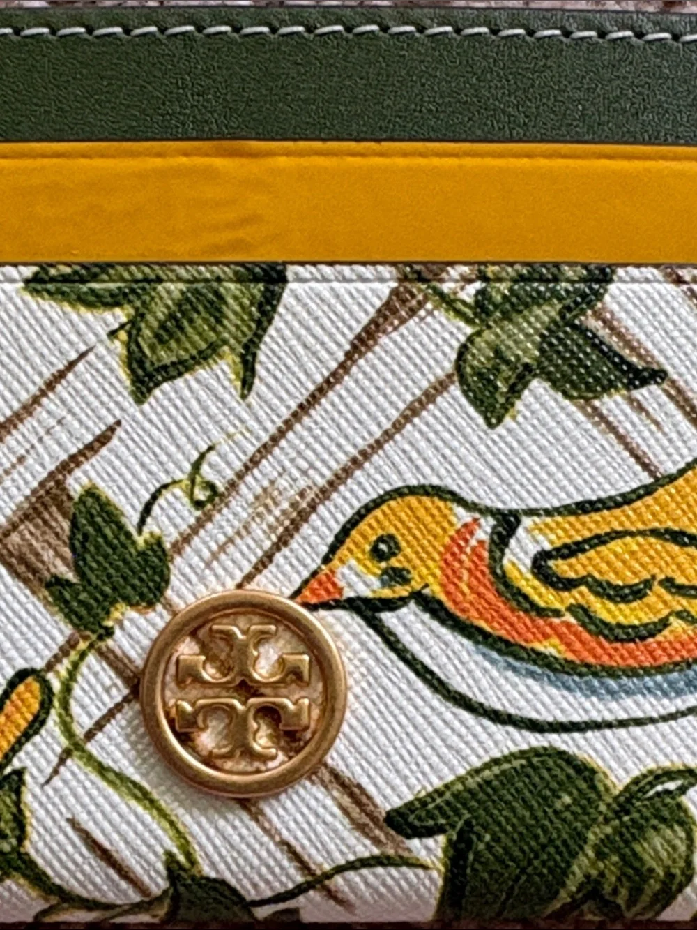 Tory Burch Robinson Yellow & Green Floral Bird Card Holder with Gold Logo